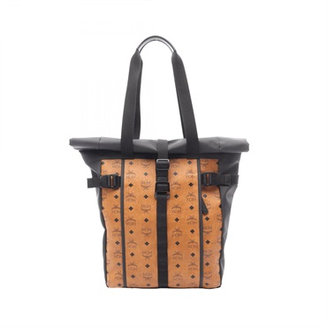 MCM Roll Top Utility Shopper Tote Bag Canvas Leather Brown Black Used Women