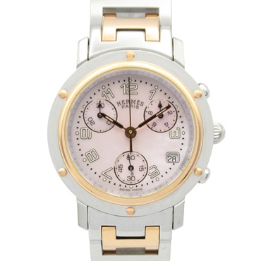 HERMES Clipper Nacre Chrono Wrist Watch CL1.321 Quartz SS PGP Used Boys