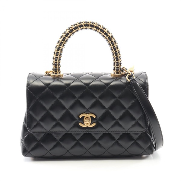 CHANEL Coco Handle Flap Matelasse Shoulder Handbag A92990 Calfskin Black GHW