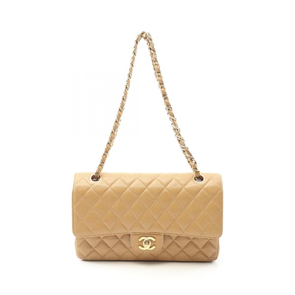 CHANEL Matelasse Double Flap Shoulder Bag A01112 Calfskin Beige GHW Used Women