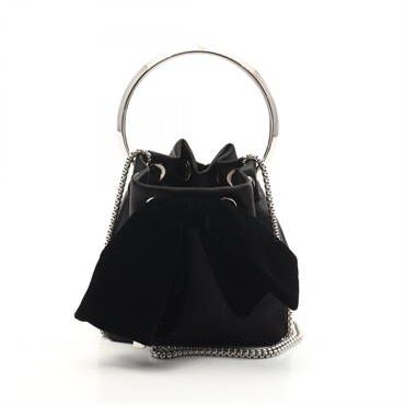 JIMMY CHOO Bon Bon Drawstring Chain Shoulder Bucket Bag Fabric Black Used Women