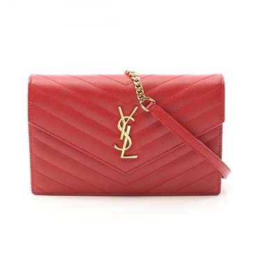 SAINT LAURENT Monogram Envelope Crossbody Chain Shoulder Bag 393953 Leather Red