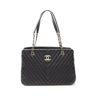 CHANEL V-Stitch Chevron Chain Shouldr Tote Bag Lambskin Black GHW Used Women