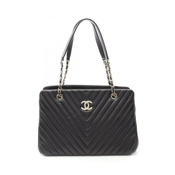 CHANEL V-Stitch Chevron Chain Shouldr Tote Bag Lambskin Black GHW Used Women