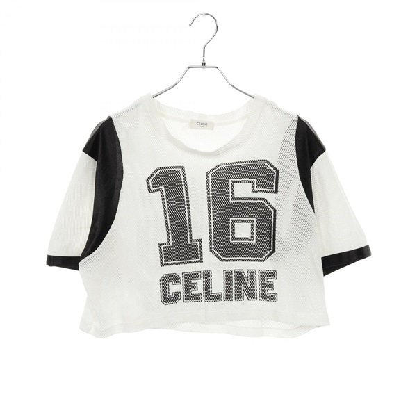 CELINE 16 CELINE Printed Cropped Mesh T-shirt cotton White Black Used Women #XS