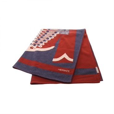 HERMES Blanket wrap wool cashmere Red Navy Used unisex