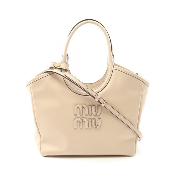 Miu Miu IVY Shoulder Handbag leather Beige Used Women logo crossbody