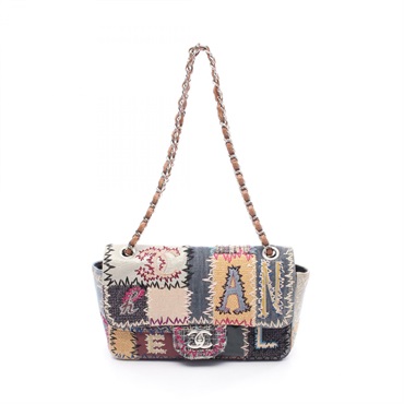 CHANEL FLAP BAG PATCH Chain Shoulder Bag A65447 denim Fabric leather Blue SHW