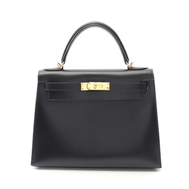 HERMES Kelly 28 Shouder Handbag Box calf leather Black Used Women F GHW