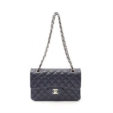 CHANEL Matelasse W flap chain Shoulder Bag A01113 leather Navy Used Women GHW CC