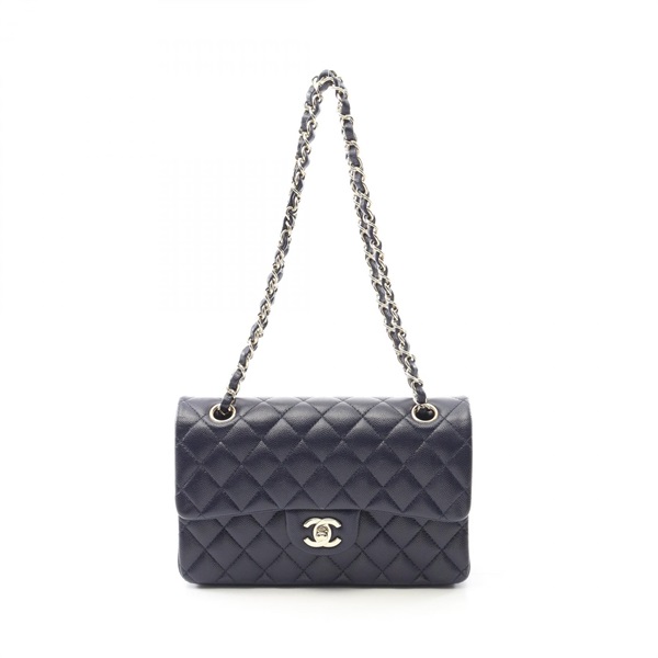 CHANEL Matelasse W flap chain Shoulder Bag A01113 leather Navy Used Women GHW CC