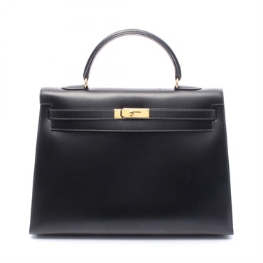 HERMES Kelly 35 Shoulder Handbag Box calf leather Black Used Women Z GHW