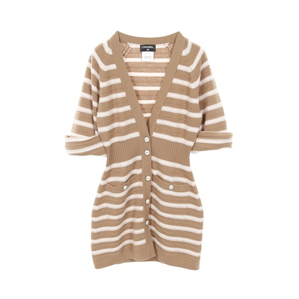 CHANEL cardigan Stripes P51639K06641 cashmere Brown White Used Women #38 COCO