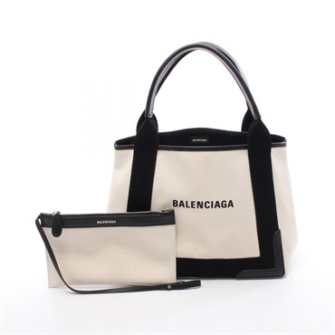 BALENCIAGA Navy Cabas S Tote Bag 339933 Canvas Leather White Black Used Women