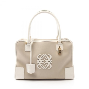 LOEWE Amazona 36 Anagram Handbag Canvas Leather Beige White Used Women