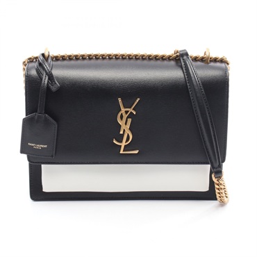 SAINT LAURENT Sunset Medium Chain Shoulder Bag Leather Black White Used
