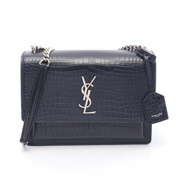 SAINT LAURENT Sunset Crossbody Chain Shoulder Bag 442906 Leather Navy Used Women