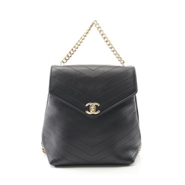 CHANEL V Stitch Backpack Chain Bag Lambskin Black GHW Used Women