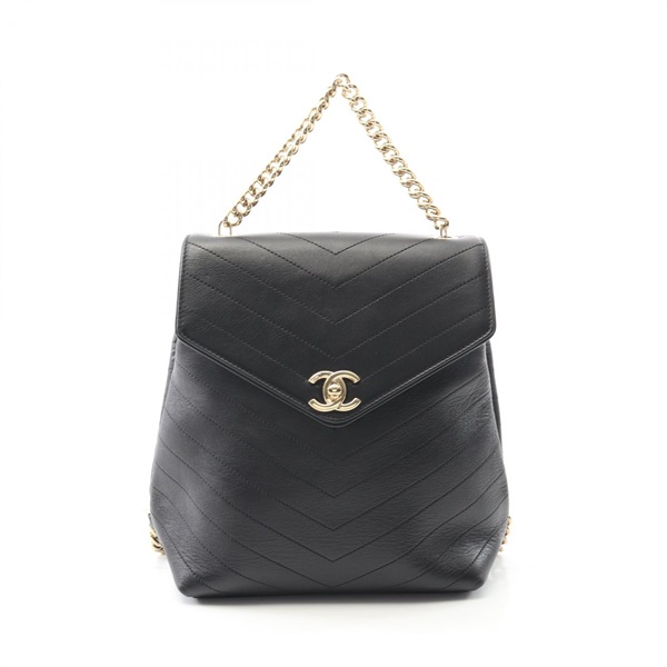 CHANEL V Stitch Backpack Chain Bag Lambskin Black GHW Used Women