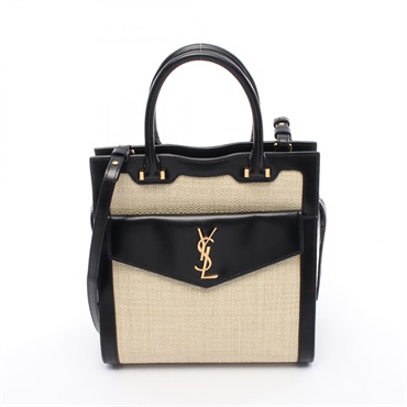 SAINT LAURENT Uptown Shoulder Tote Small Handbag 561203 Leather Raffia Beige Blk