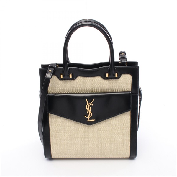 SAINT LAURENT Uptown Shoulder Tote Small Handbag 561203 Leather Raffia Beige Blk