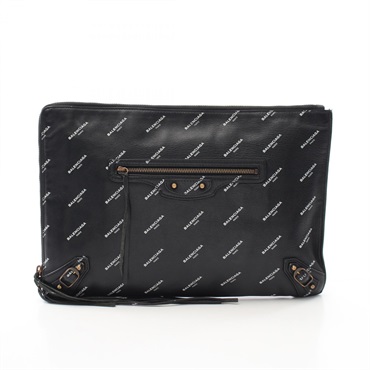 BALENCIAGA Logo Print Classic Pouch Clutch Bag 362967 Leather Black Used Unisex