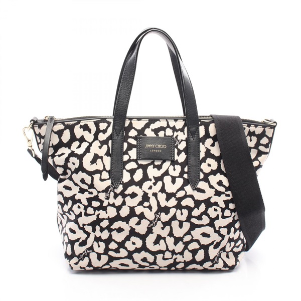 JIMMY CHOO Candice Tote 2Way Shoulder Handbag Nylon Leather Black White Used