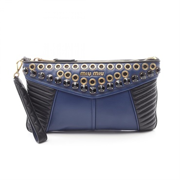 Miu Miu Clutch Wristlet Bag RP0374 Leather Blue Black Used Women