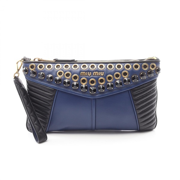 Miu Miu Clutch Wristlet Bag RP0374 Leather Blue Black Used Women