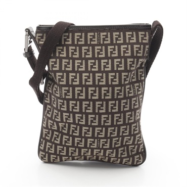 FENDI Zucchino Shoulder Bag Canvas Leather Brown Used Unisex