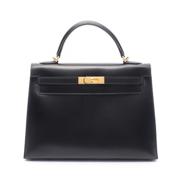 HERMES Kelly 32 Handbag D Box Calf Leather Black Used Women GHW Outside Stitch