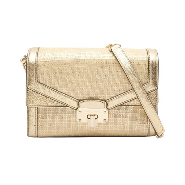 Michael Kors KINSLEY MD Chain Shoulder Bag leather Fabric Gold Used Women