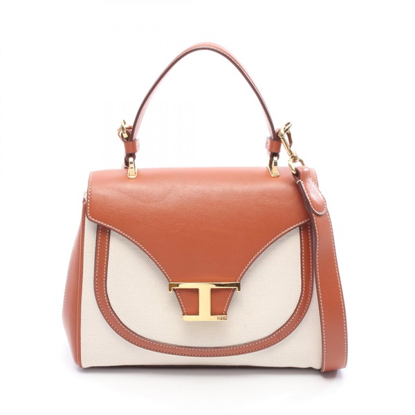 TOD'S T Timeless Shoulder Handbag canvas leather Beige Brown Used Women