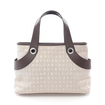 BVLGARI Logo Mania Handbag Canvas Leather Beige Brown Used Women