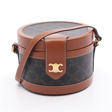 CELINE Tambour Medium Triomphe Shoulder Bag canvas leather Brown Used Women