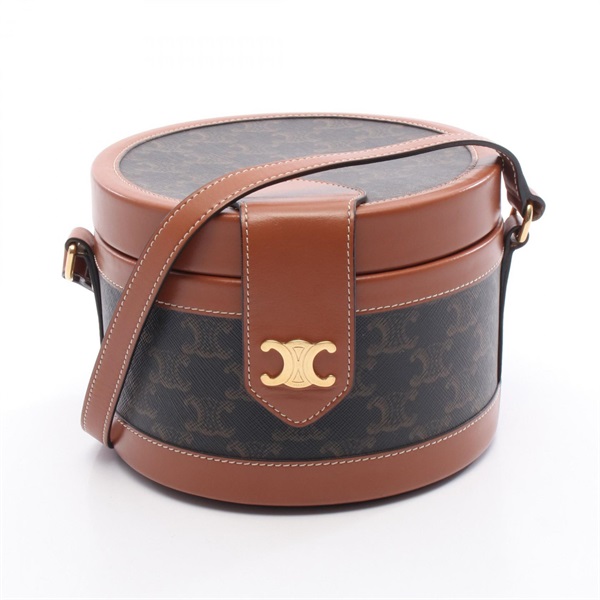 CELINE Tambour Medium Triomphe Shoulder Bag canvas leather Brown Used Women