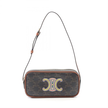CELINE Triomphe Shoulder Bag Canvas Leather Black Brown Used Women