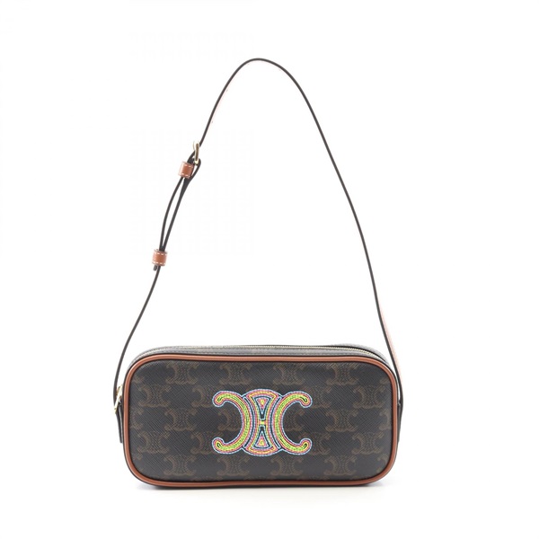 CELINE Triomphe Shoulder Bag Canvas Leather Black Brown Used Women