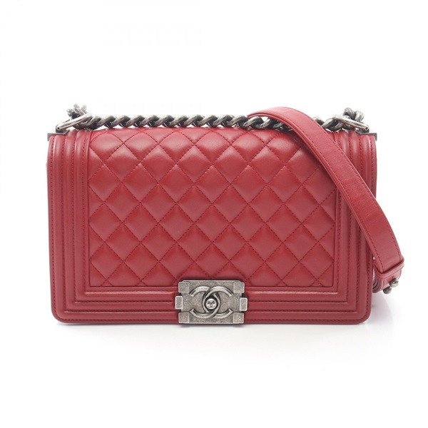 CHANEL Boy Chanel Chain Shoulder Bag Lambskin Leather Red Used Women