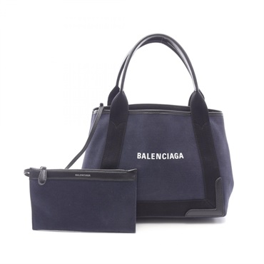 BALENCIAGA NAVY CABAS S Tote Bag 339933 canvas leather Navy Black Used Women