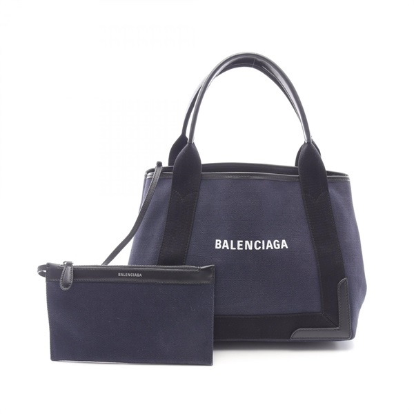 BALENCIAGA NAVY CABAS S Tote Bag 339933 canvas leather Navy Black Used Women