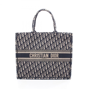 Christian Dior BOOK TOTE Large Oblique Handbag canvas Navy Beige Used Women