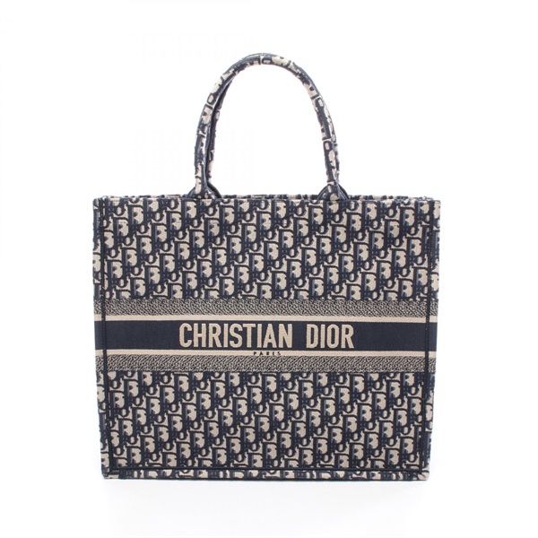 Christian Dior BOOK TOTE Large Oblique Handbag canvas Navy Beige Used Women