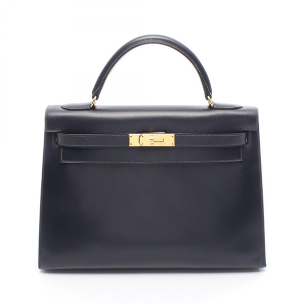 HERMES Kelly 32 Shoulder Handbag Box calf leather Navy Blue indigo Used B GHW