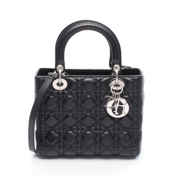 Christian Dior Lady Dior 2Way Shoulder Handbag Leather Black Used Women