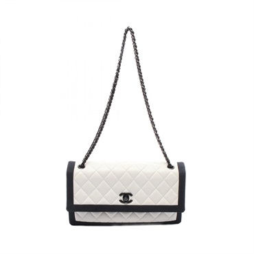 CHANEL Matelasse Chain Shoulder Bag A91011 Lambskin Canvas White Black Used