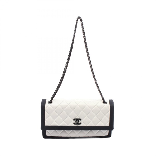 CHANEL Matelasse Chain Shoulder Bag A91011 Lambskin Canvas White Black Used