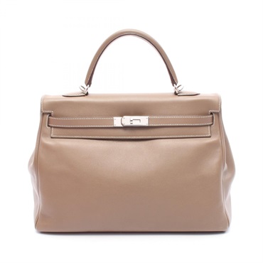 HERMES Kelly 35 Handbag Shoulder Sikkim leather Brown Etoupe Grey Used J SHW