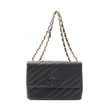 CHANEL CC Logo Bias Stitch Chain Shoulder Bag Calfskin Black GHW Used Women