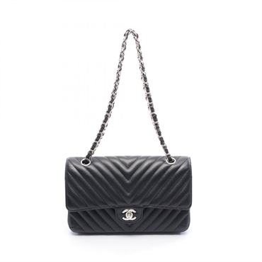 CHANEL Chevron V-stitch W-flap Shoulder Bag Calfskin Black Used Women SHW COCO